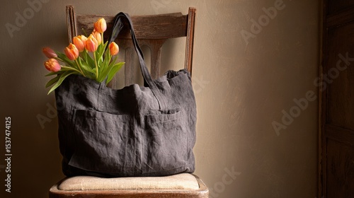 Fresh Tulips in a Tote Bag Resting on a Wooden Chair by a Warm Light