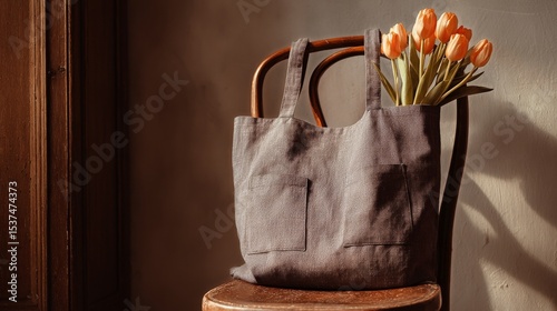 Tote Bag With Artificial Tulips Placed on a Wooden Chair in a Cozy Indoor Set...