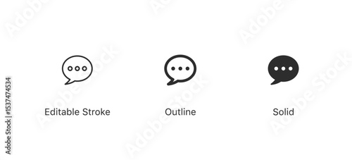 chat speech bubble icon with three dots | talking bubble speech with typing dots icon | for for messaging, typing, conversation and communication | editable stroke, outline, and solid icons