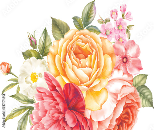 "Romantic Floral Bouquet of Roses, Cherry Blossoms, and Chamomile Blending Elegance with Natural Charm"