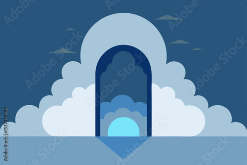 Celestial Gateway A Serene Abstract Illustration of Clouds, Arch, and Moon
