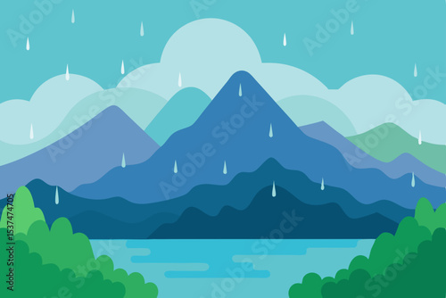 Serene Rain Mountain Lake Landscape Illustration