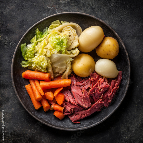 Traditional Canadian dish - Dinner. Traditional dish of corned beef, boiled cabbage, boiled potatoes, carrots and turnips