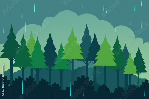 Serene Rain Forest A Peaceful Landscape Illustration of Lush Green Pine Trees Under a Gentle Shower