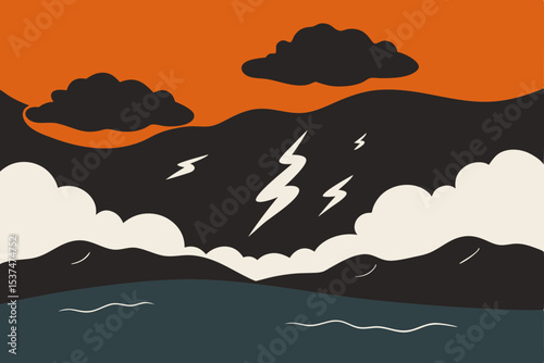 Dramatic Mountain Landscape with Stormy Sky and Lightning Bolts A Bold Artistic Illustration