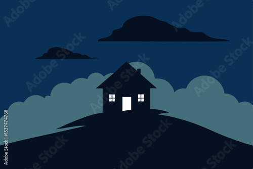 Serene Night House on a Hilltop under Starlit Sky