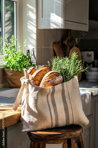 Fresh Herbs and Bread in a Cozy Kitchen During Afternoon Sunlight.