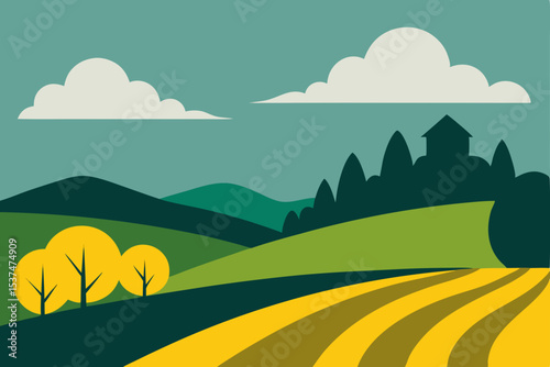 Serene Countryside Landscape Rolling Hills, Golden Fields, and a Charming House