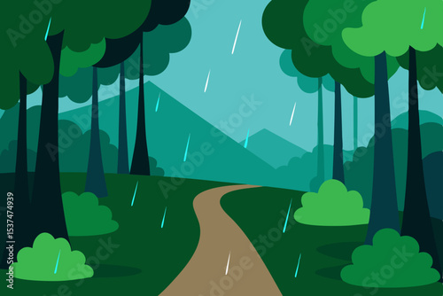 Rainy Forest Path A Serene Illustration of Nature's Tranquility