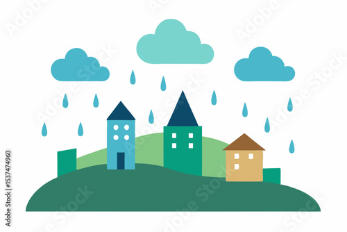 Charming Rainy Day Village Illustration Houses, Clouds, and Raindrops