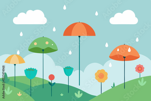 Rainy Day Delight Colorful Umbrellas and Blooming Flowers in a Spring Landscape