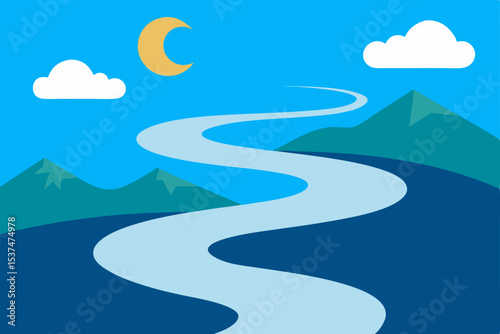 Serene River Winding Through Majestic Mountains A Nighttime Landscape Illustration