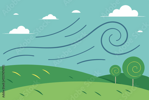 Whimsical Windy Landscape Illustrated Rolling Hills and Swirling Wind Design