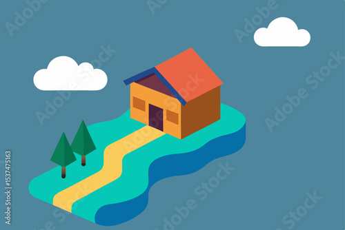 Charming Isometric Illustration of a Cozy House on a Hilltop