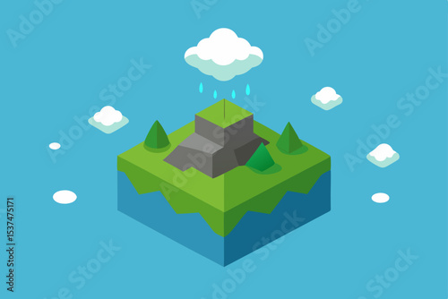 Isometric Illustration Rain over a Small Island Ecosystem