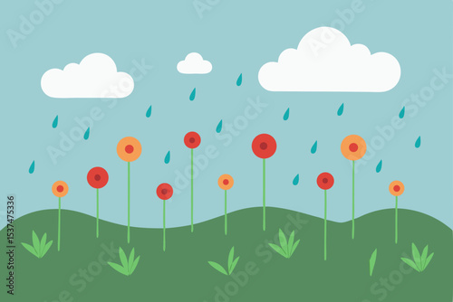 Spring Rain Shower Colorful Flowers Blooming in a Gentle Spring Rain