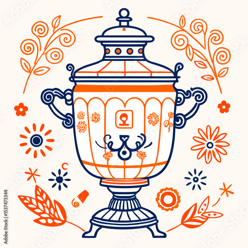 Decorative samovar illustrated with floral and geometric designs  