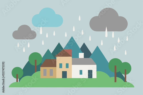 Rainy Mountain Village A Charming Illustration of Houses in Nature's Embrace