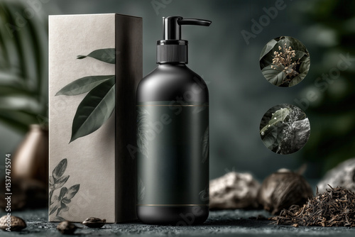 Mockup of luxury herbal shampoo bottle with marble packaging and botanical design on gray background