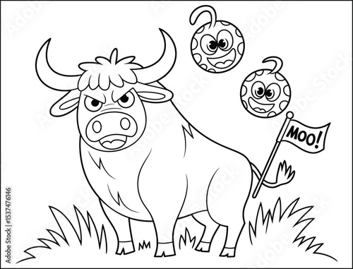 Cartoon Bull with a Moo Flag and Smiling Spotted Balls Outlines