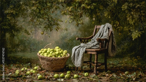 Wooden Chair Draped With a Cozy Blanket Beside a Basket of Green Apples in a ...