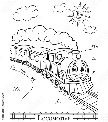 Cartoon Locomotive Coloring Page with Smiling Sun and Clouds in Black and White