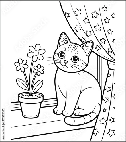 Cute Cat Coloring Page with Flowers and Star Curtains Illustration