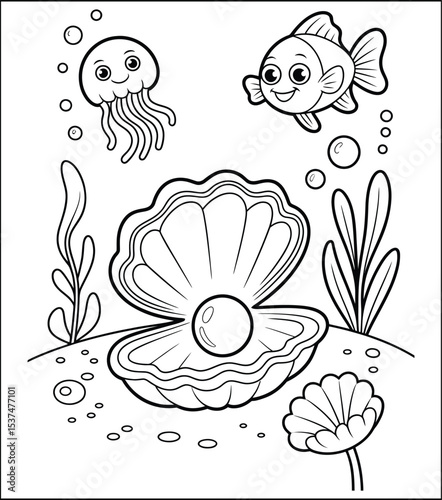 Underwater Coloring Page with Fish Jellyfish Pearl and Seaweed