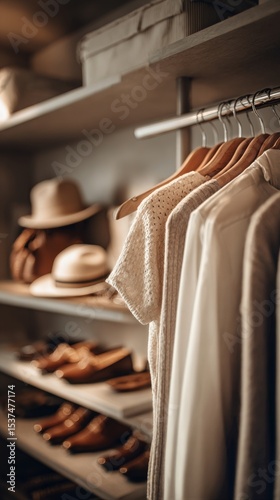 Stylish Clothing and Accessories Displayed on Shelves in a Modern Wardrobe