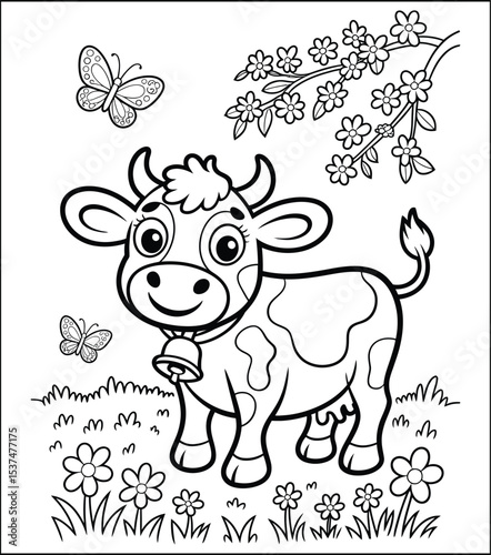 Cute Cartoon Cow in a Meadow Coloring Page for Kids