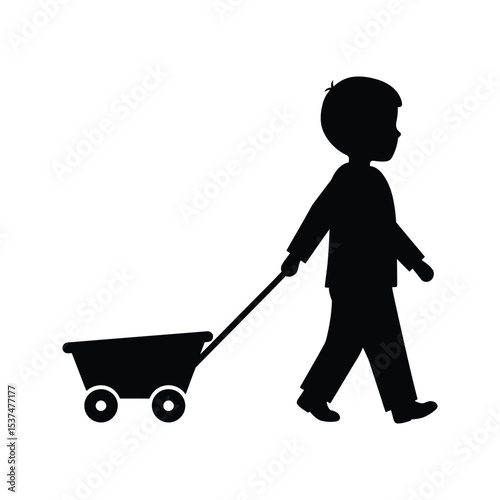 Silhouette of Child Pulling Wagon Black and White Vector Illustration Kid Toy Playtime Image
