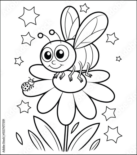 Cute Bee and Ladybug on Flower Coloring Page for Kids