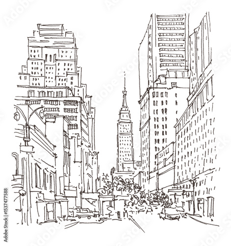 Architecture sketch illustration. Travel sketch of Manhattan, New York, USA. Liner sketches architecture of the street. Freehand drawing. Sketchy line art drawing with a pen on paper.