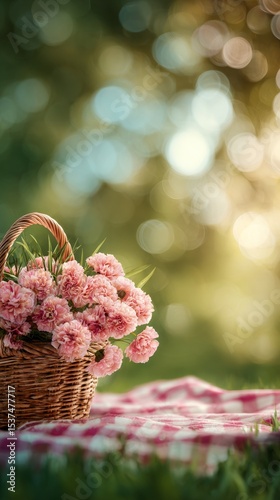 Beautiful Basket of Pink Flowers Sits on a Checkered Blanket in a Sunny Outdoor Setting