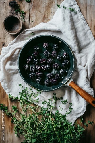 Fresh Blackberries in a Pan With Herbs on a Wooden Surface Showcase Seasonal ...
