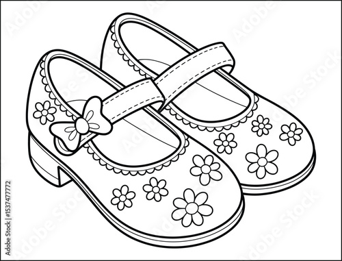 Pair of Mary Jane Shoes with Flowers Coloring Page Illustration