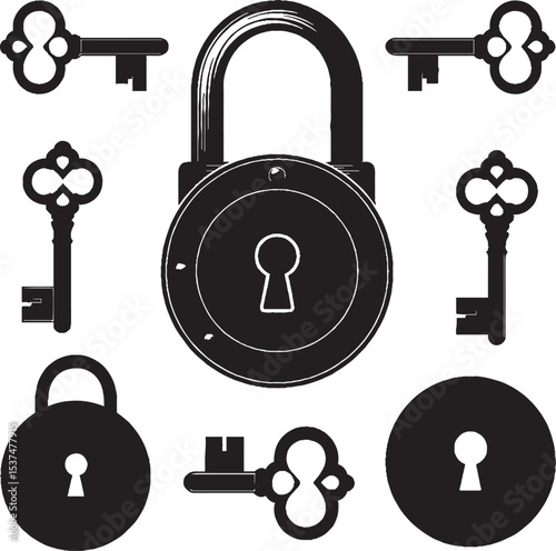 Engraved Style Lock and Key Illustrations
