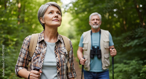 Happy Older Adults Exploring Woodland Trails.
