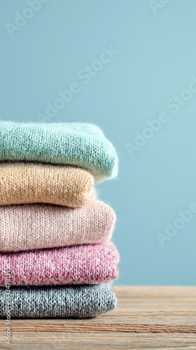 Colorful Folded Sweaters Stacked Neatly on a Table Against a Soft Blue Background.