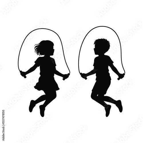 Silhouette of girl and boy jumping rope kids jump rope childrens silhouettes active kids illustration vector illustration