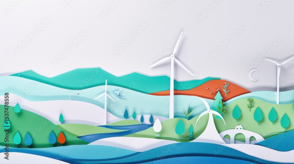 Fototapeta premium A creative depiction of diverse renewable energy sources, such as wind turbines and hydroelectric dams, harmoniously integrated into a natural landscape against a clear white sky