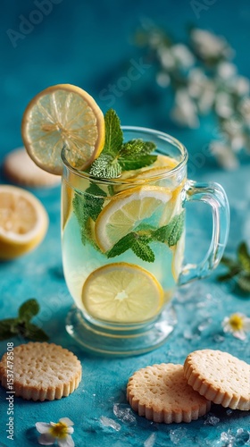 Refreshing Lemon Mint Drink With Easter Candies and Cookies on a Colorful Table.