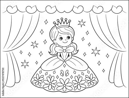 Cute princess on stage coloring page for kids and adults