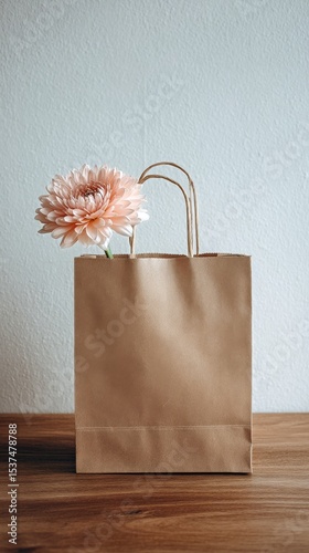 Decorative Paper Bag Filled With Beautiful Flowers on a Wooden Surface.