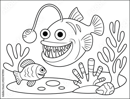 Anglerfish and Small Fish Coloring Page with Underwater Scene and Coral