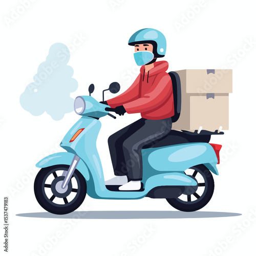 Professional courier delivering packages on a motorcycle during COVID-19 pandemic