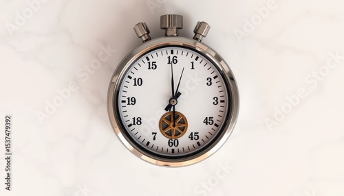 Vintage metal stopwatch isolated on white marble backdrop symbolizes urgency