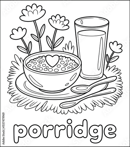 Porridge bowl with milk and flowers coloring page for kids