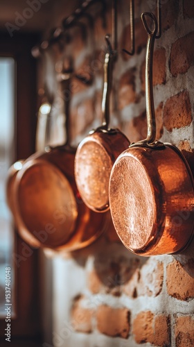 Beautiful Copper Cookware Hanging on a Brick Wall in a Rustic Kitchen Setting