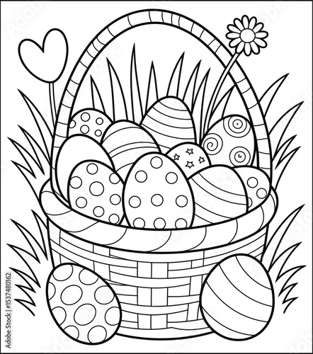 Easter basket full of decorated eggs with a flower coloring page